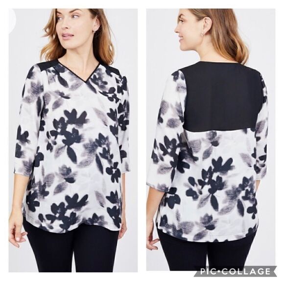 New! Noir maternity 3/4 sleeve floral V-neck tunic blouse - Picture 2 of 15
